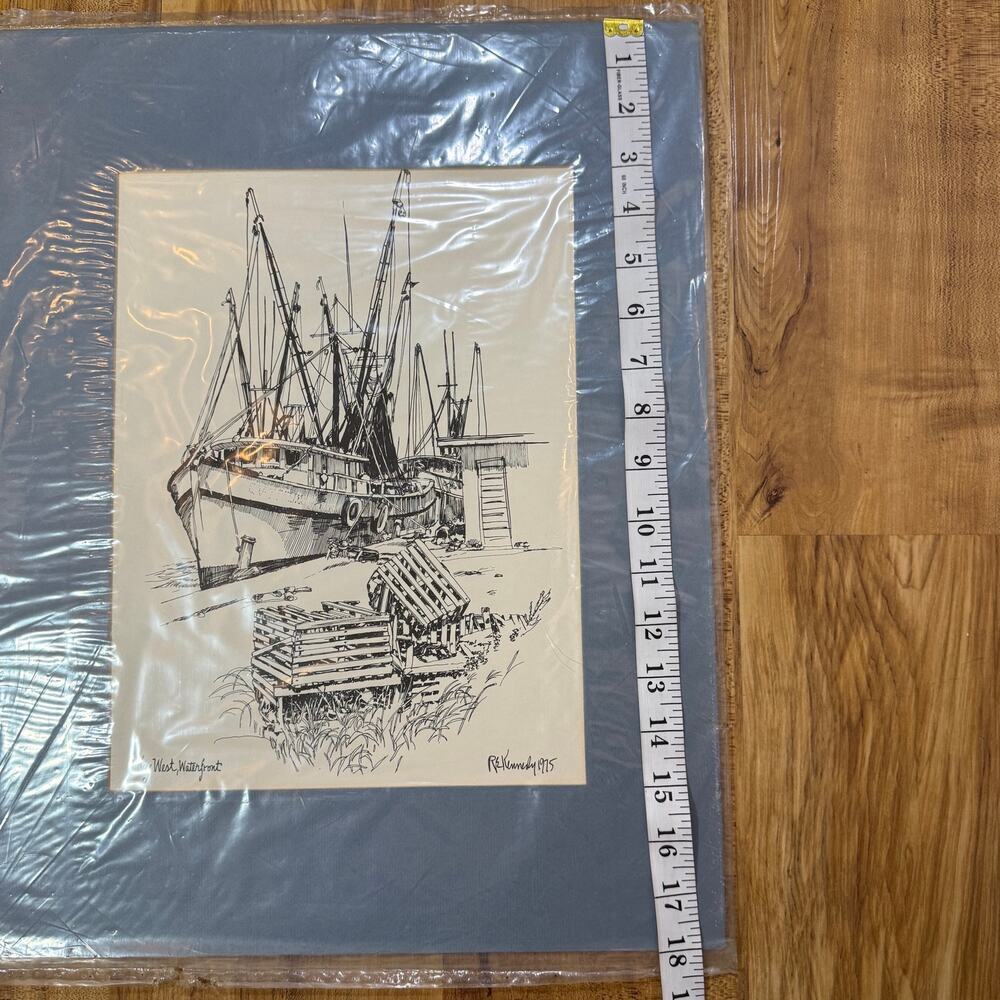 R.E. Kennedy Key West Waterfront Shrimp Boats Pen Drawing Nautical Florida Art - Picture 5 of 5